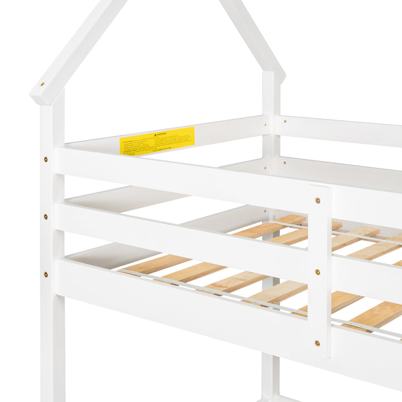 Twin over Twin Loft Bed with Roof Design, Safety Guardrail, Ladder, White