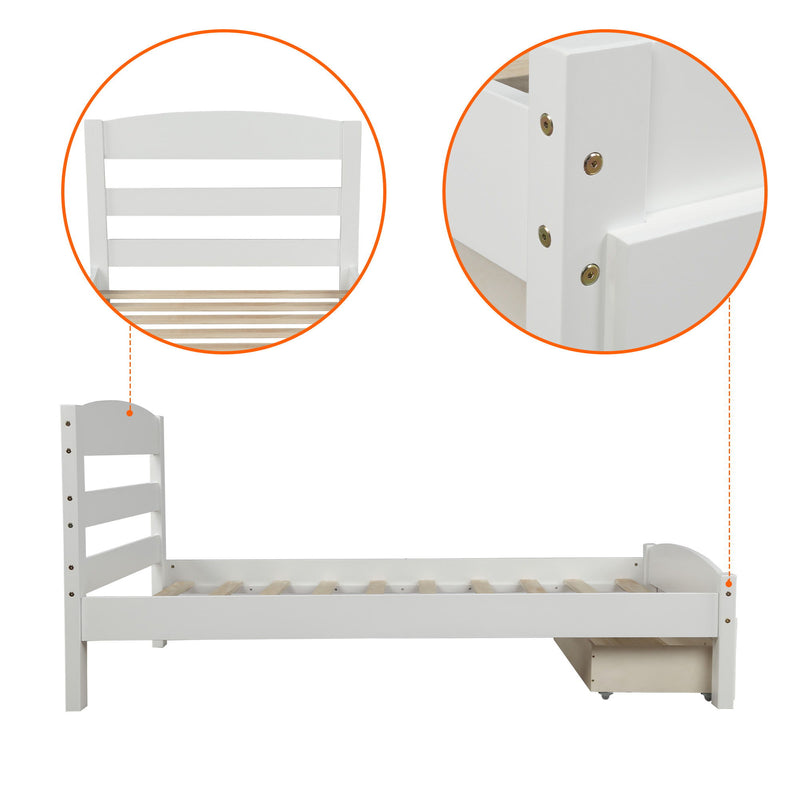 Twin Platform Bed Frame With Storage Drawer And Wood Slat Support No Box Spring Needed - White