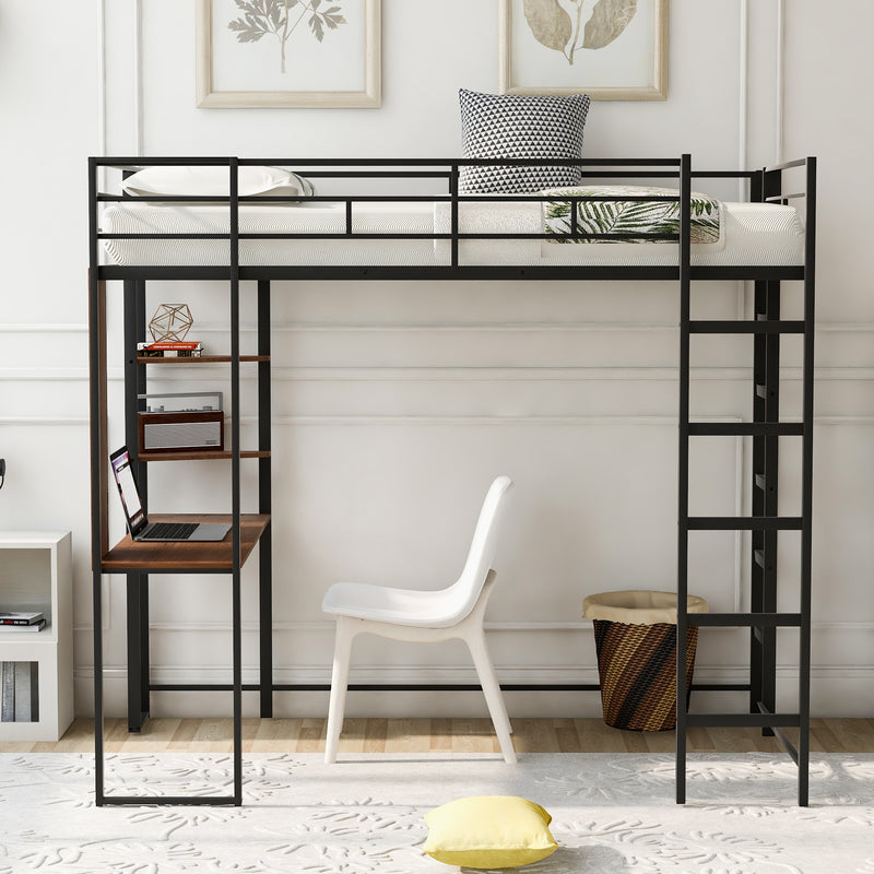 Twin Metal Loft Bed with 2 Shelves and one Desk ,BLACK(Old SKU: MF281206AAB)