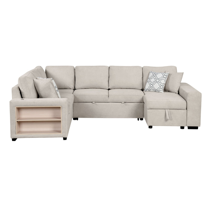 U-Shaped Sectional Sofa Pull-Out Sofa Bed With Two USB Ports, A Storage Chaise Lounge And Four Back Pillows For Living Room