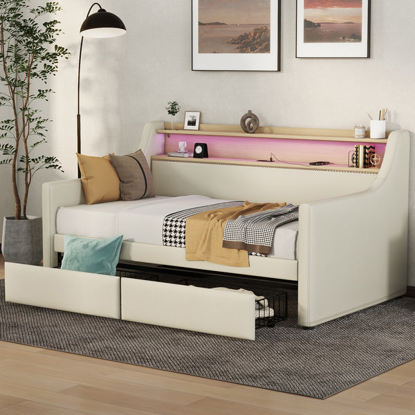 Twin Size Daybed with Storage Drawers, Upholstered Daybed with Charging Station and LED Lights, Beige (Expect arrive date: December 30th.)