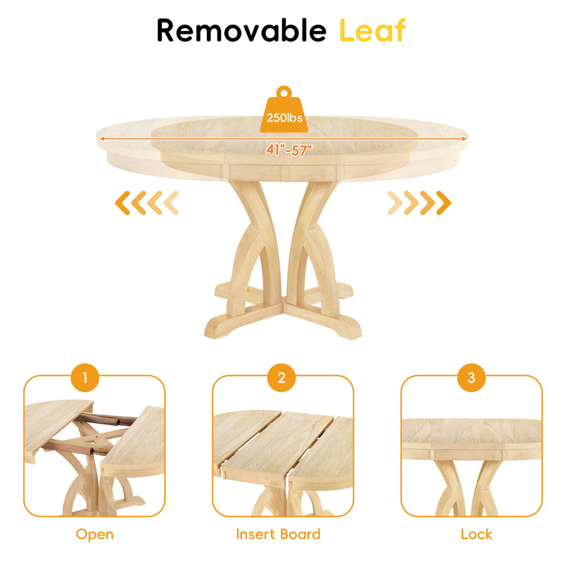 Topmax - 5 Piece Farmhouse Round Pedestal Extending Dining Table Set Extendable Kitchen Table Set With Removable Leaf And Ladder Back Dining Chairs For Small Places