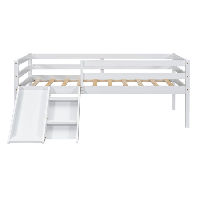 Twin Low Loft Bed with Slide,  Ladder, Safety Guardrails, No Box Spring Needed,White