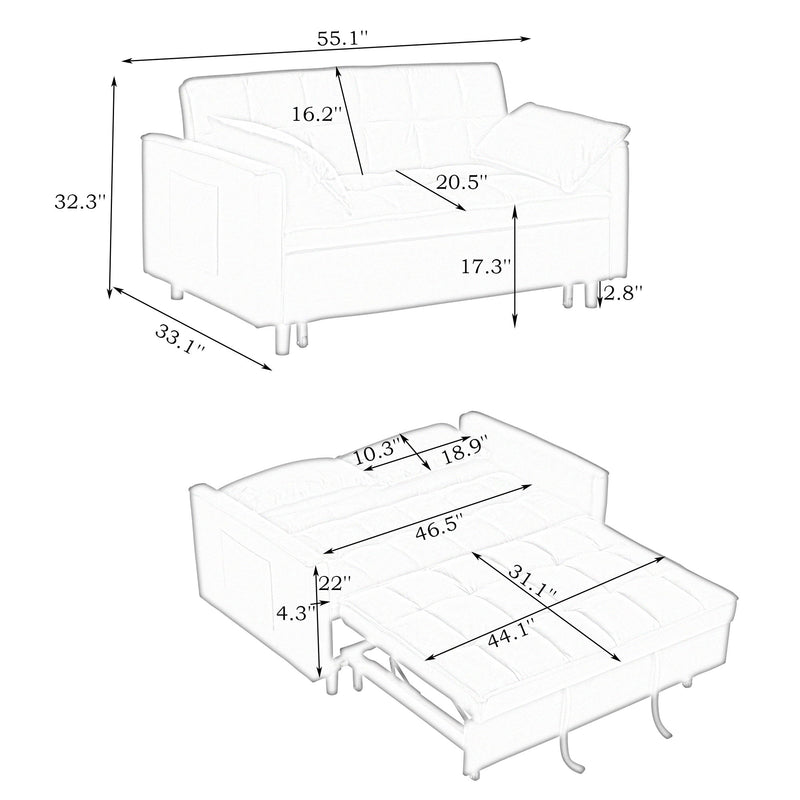 Modern Velvet Loveseat Futon Sofa Couch Pullout Bed, Small Love Seat Lounge Sofa With Reclining Backrest, Toss Pillows, Pockets, Furniture For Living Room, 3 In 1 Convertible Sleeper Sofa Bed - Gray