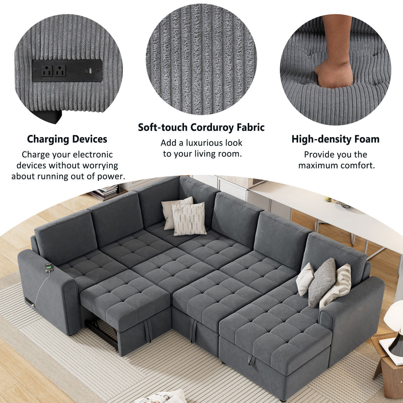 U-Shaped Sofa Sectional Sofa Pull-Out Sofa Bed With A Storage Chaise Lounge, Charging Devices For Living Room - Gray