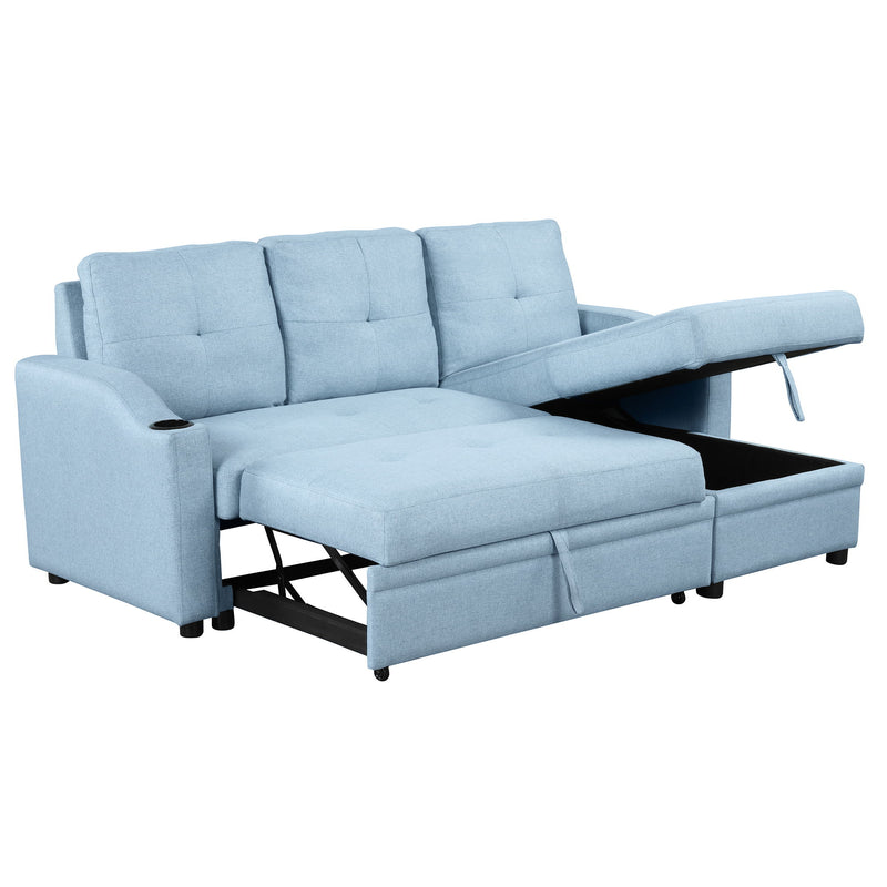 Pull Out Sofa Bed Modern Padded Upholstered Sofa Bed, Linen Fabric 3 Seater Couch With Storage Chaise And Cup Holder, Small Couch For Small Spaces