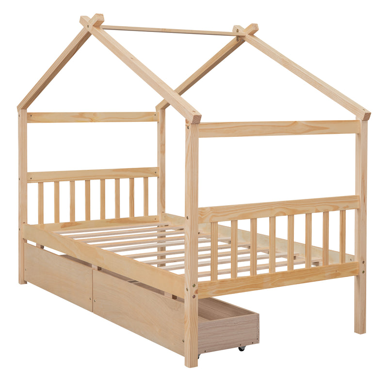 Twin Size Wooden House Bed with Drawers, Natural