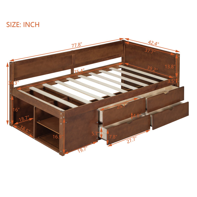 Twin Size Daybed with Drawers and Shelves, Walnut