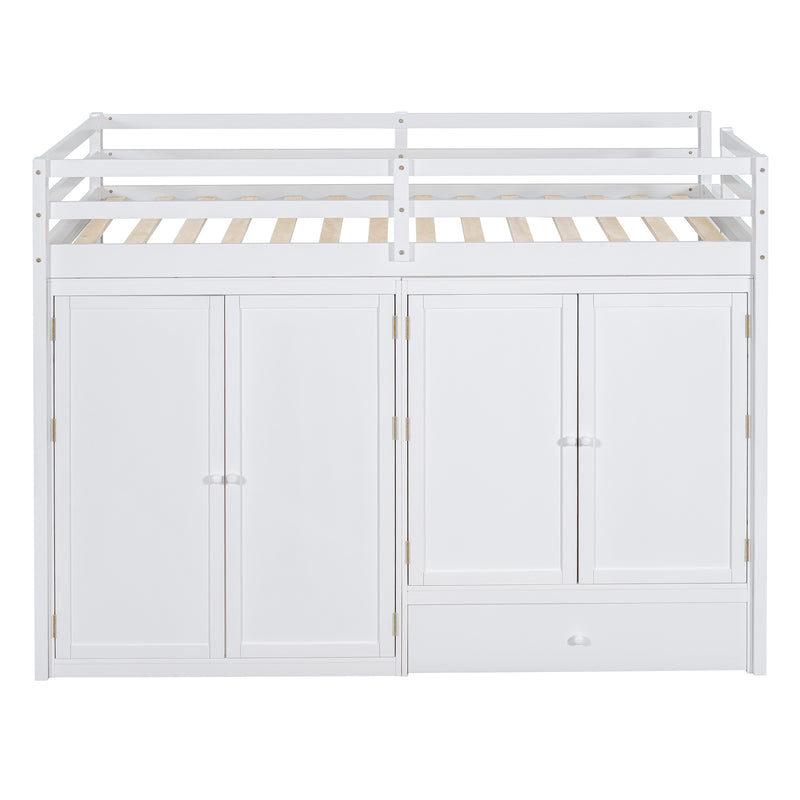 Twin size Loft Bed with Drawer, Two Wardrobes and Mirror, White