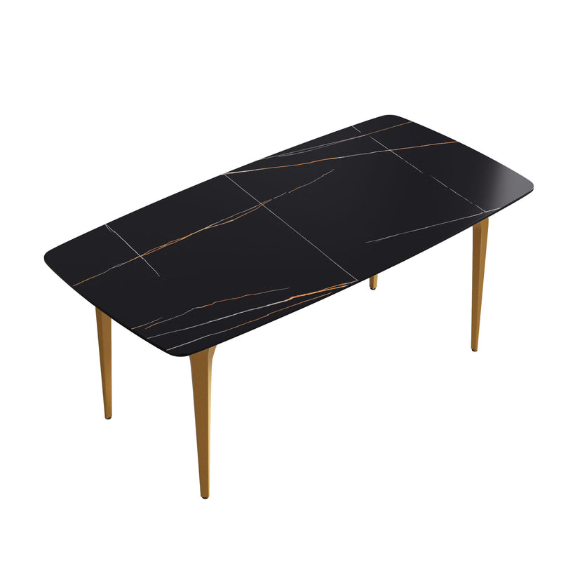 70.87" Modern Artificial Stone Black Curved Golden Metal Leg Dining Table, Can Accommodate 6-8 People - Black / Gold