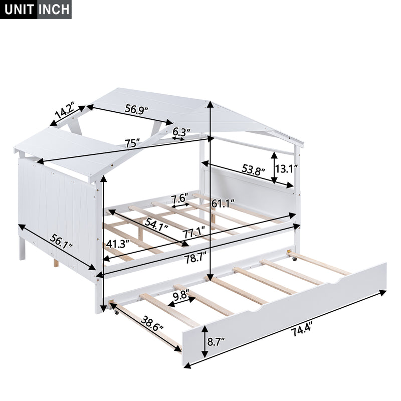 Wood Full Size House Bed with Twin Size Trundle and Storage, White