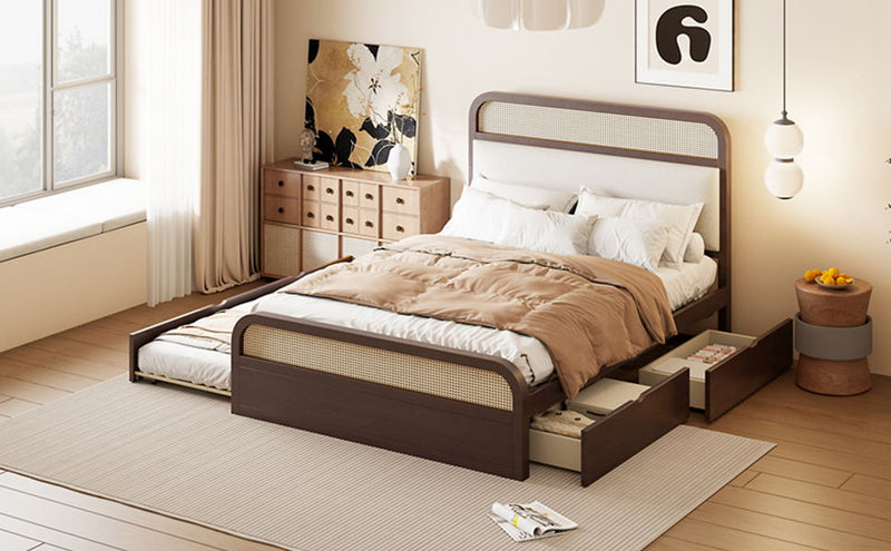 Wooden Platform Bed With Trundle And 2 Drawers