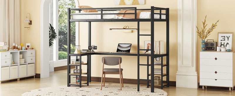 Twin XL Metal Loft Bed with Desk and Shelves, Loft Bed with Ladder and Guardrails, Loft Bed Frame for Bedroom, Black