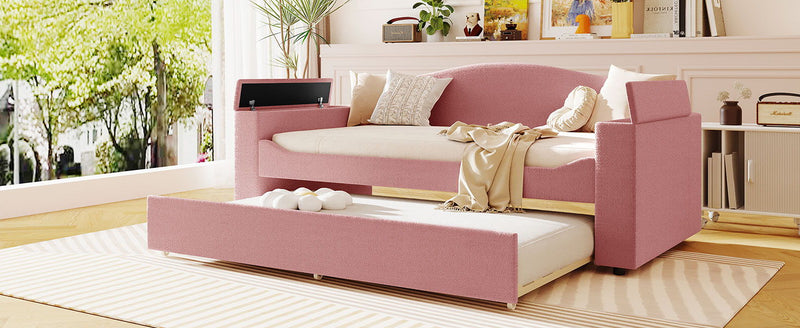 Twin Size Upholstered Daybed With Storage Armrests, Trundle And Latest Integrated Bluetooth Audio System, Teddy Fleece