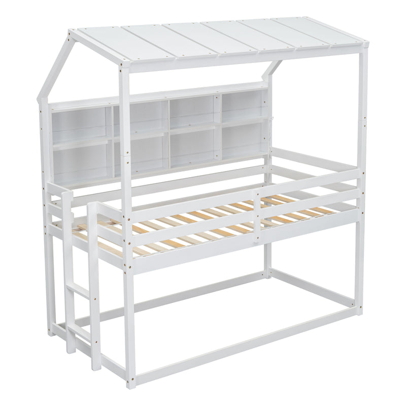 Twin House Loft Bed With Guardrails, Semi-Enclosed Roof, Bedside Shelves And Ladder - White