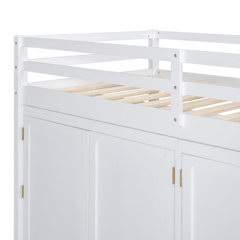 Twin size Loft Bed with Drawer, Two Wardrobes and Mirror, White