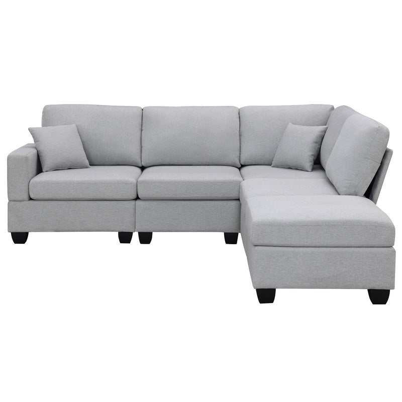 Modern Sectional Sofa, 5-Seat Modular Couch Set With Convertible Ottoman, L-Shape Linen Fabric Corner Couch Set With 2 Pillows For Living Room, Apartment, Office