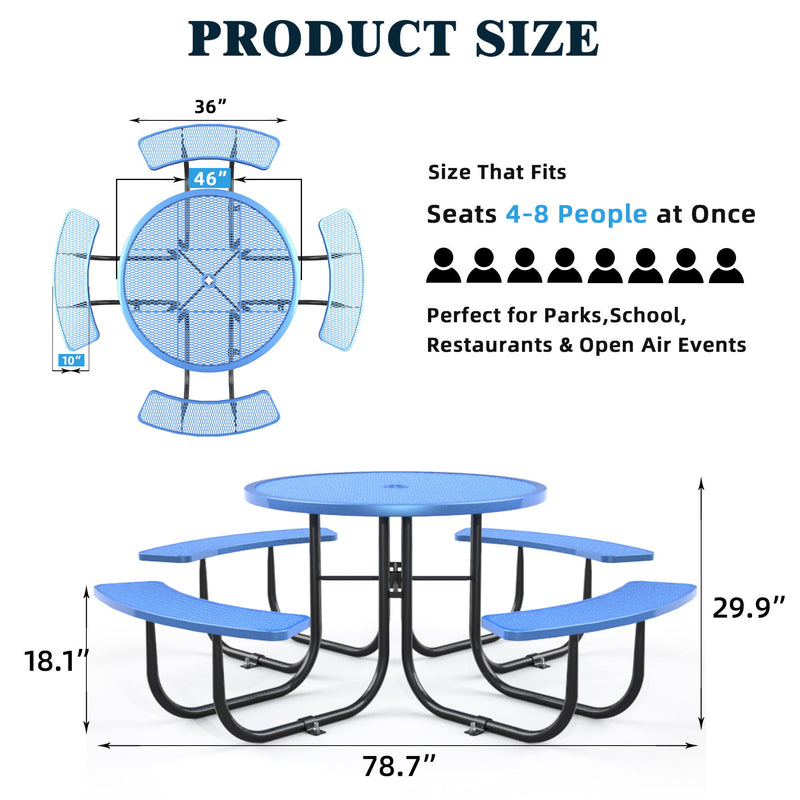 Outdoor Steel Picnic Round Table With Umbrella Pole - Blue