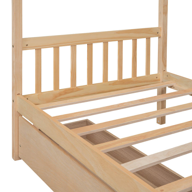 Twin Size Wooden House Bed with Drawers, Natural