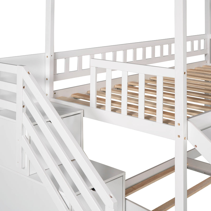 Twin Over Twin Bunk Bed with Two Drawers and Slide, House Bed with Slide, White(OLD SKU :LP000129AAK)