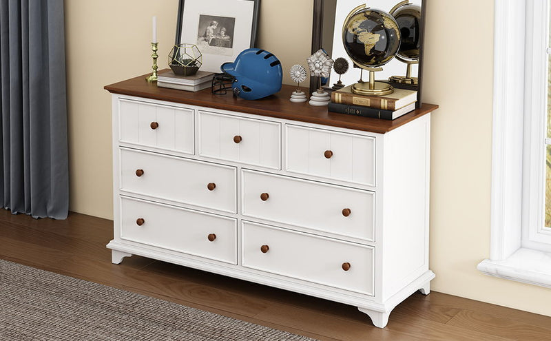 Wooden Captain Seven Drawer Dresser For Bedroom, Living Room, Kids' Room - White / Walnut