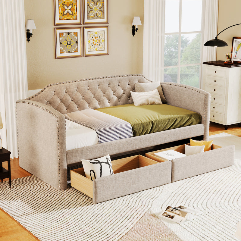 Twin Size Upholstered Daybed with Drawers for Guest Room, Small Bedroom, Study Room, Beige