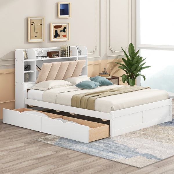 Wood Queen Size Platform Bed with Storage Headboard, Shelves and 2 Drawers, White