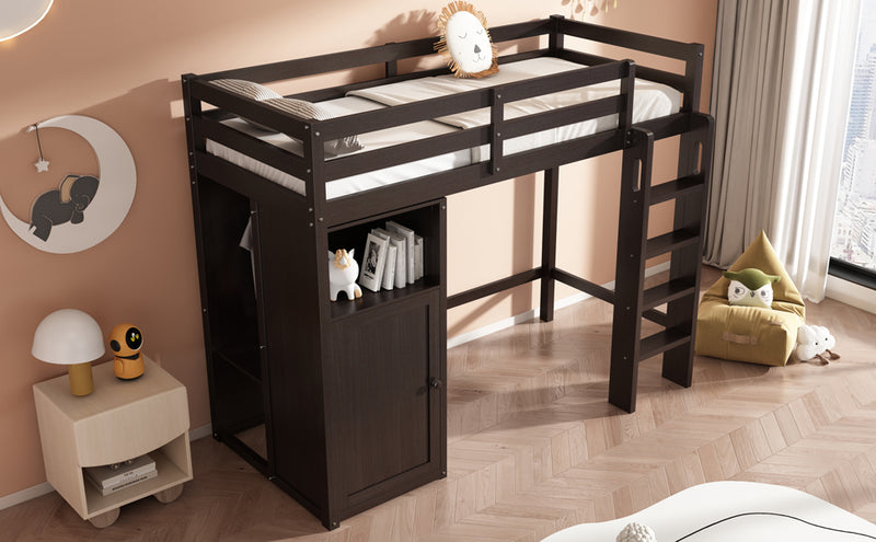 Twin Loft Bed with Wardrobe, Storage Shelves and Ladder, Espresso