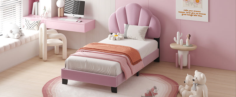 Twin Size Upholstered Velvet Platform Bed with Shell-Shaped Headboard, Pink