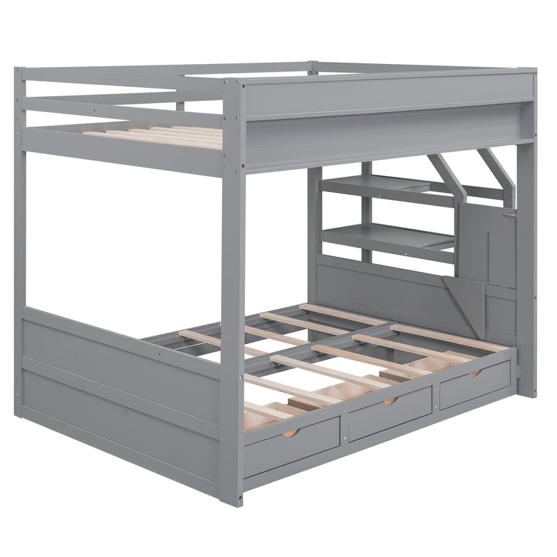 Wood Full Size Convertible Bunk Bed with Storage Staircase, Bedside Table, and 3 Drawers, Gray