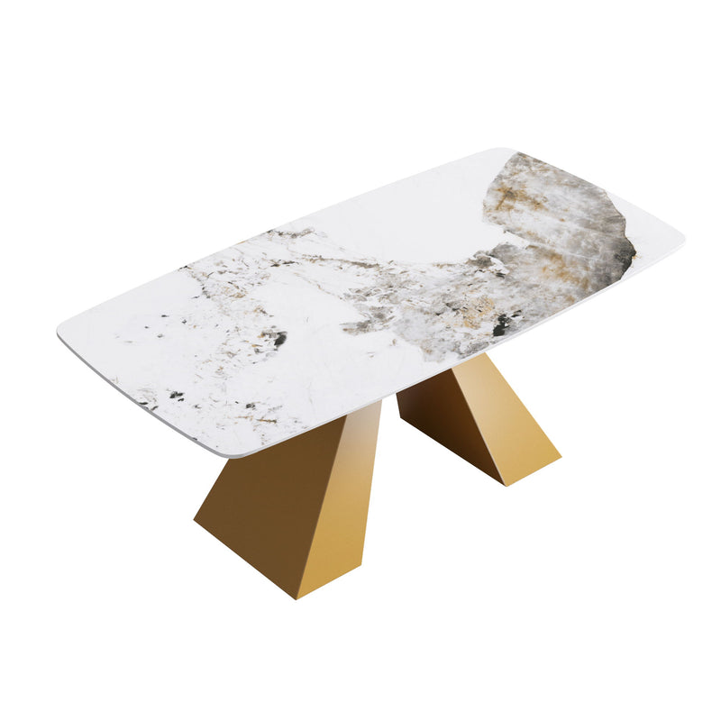 70.87" Modern Artificial Stone Pandora White Curved Metal Leg Dining Table, Can Accommodate 6-8 People - Antique White / Gold