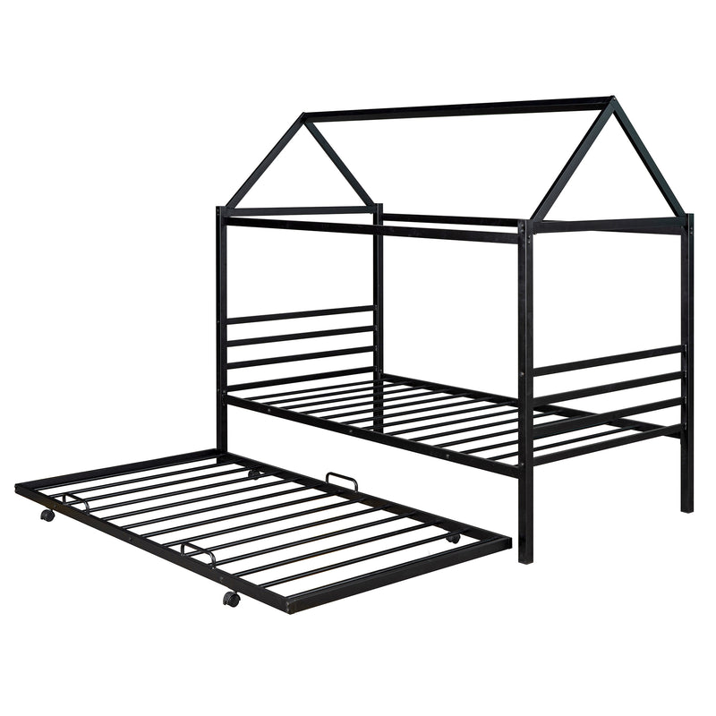 Twin Size Metal House Shape Platform Bed with Trundle,Black