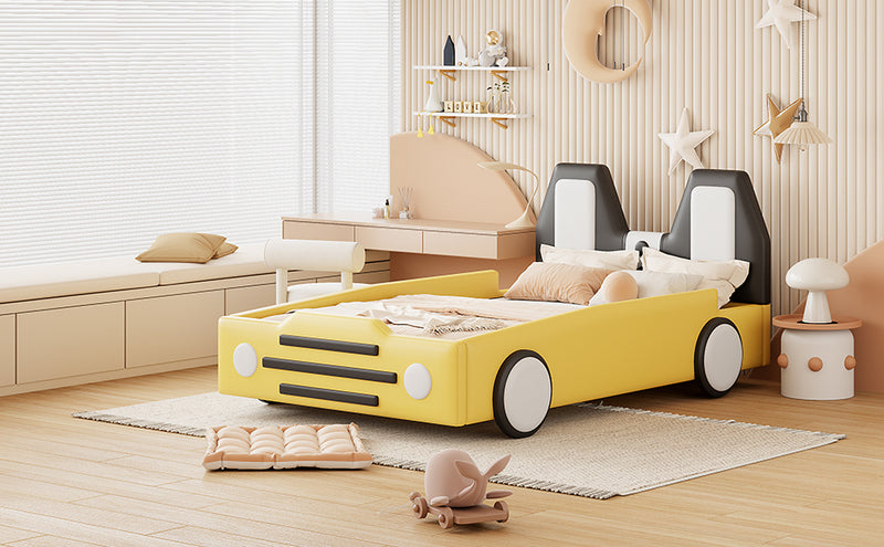 Twin Size Race Car-Shaped Platform Bed with Wheels,Yellow