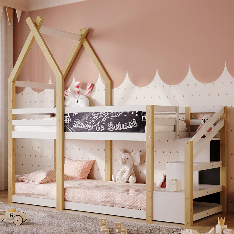 Twin over Twin House Bunk Bed with White Storage Staircase and Blackboard, White and Natural