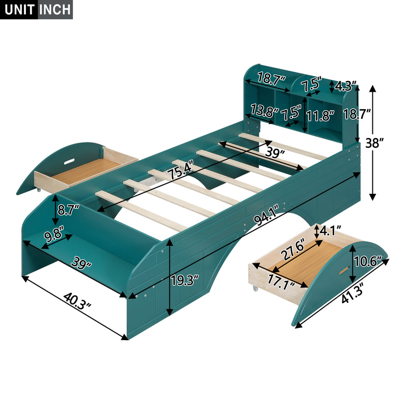 Wood Twin Size Platform Bed with 2 Drawers, Storage  Headboard and Footboard, Dark Green