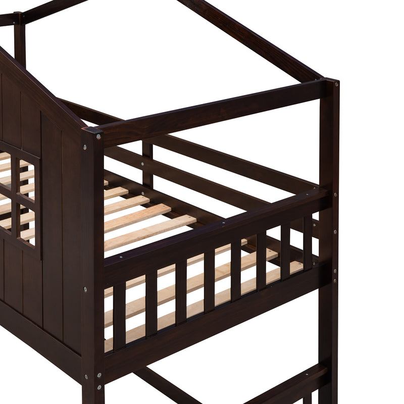 Twin Over Twin House Bunk Bed With Ladder, Wood Bed-Espresso