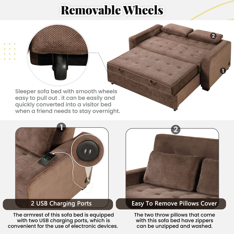 Upholstered Sleeper Bed, Pull Out Sofa Bed Couch Attached Two Throw Pillows, Dual USB Charging Port And Adjustable Backrest For Living Room Space