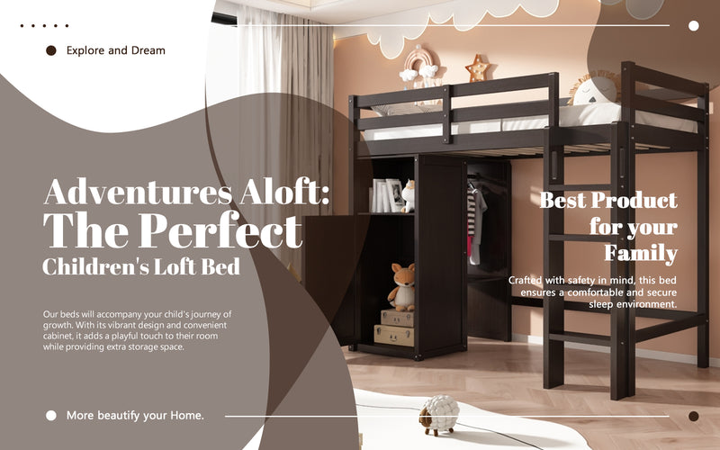 Twin Loft Bed with Wardrobe, Storage Shelves and Ladder, Espresso