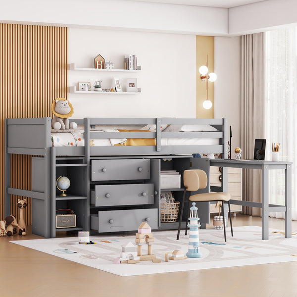 Twin Size Low Loft Bed With Pull-Out Desk, Drawers, Cabinet, and Shelves for Grey Color