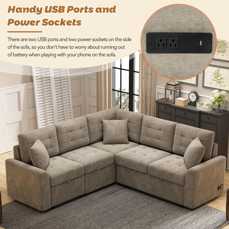 L-Shape Sofa Bed Pull-Out Sleeper Sofa With Wheels, USB Ports, Power Sockets For Living Room