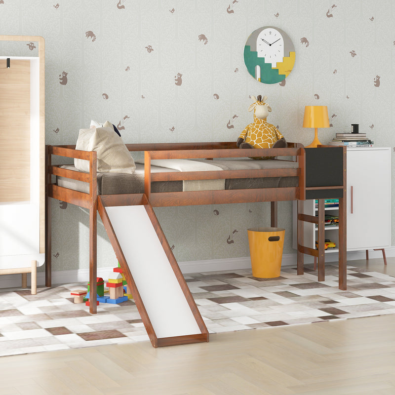 Twin size Loft Bed Wood Bed with Slide, Stair and Chalkboard,Walnut(OLD SKU :WF282115AAL)