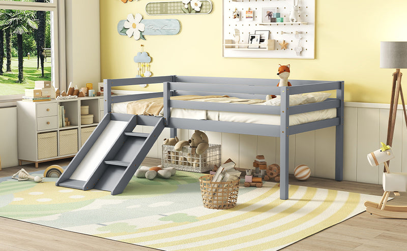 Twin Low Loft Bed with Slide,  Ladder, Safety Guardrails, No Box Spring Needed,Grey