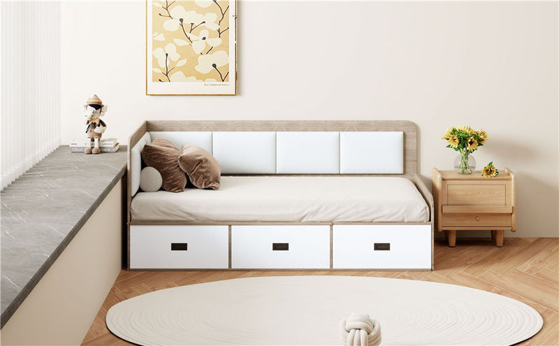 Twin Size Daybed With Three Drawers And Three Storage Compartments - Nature / Beige