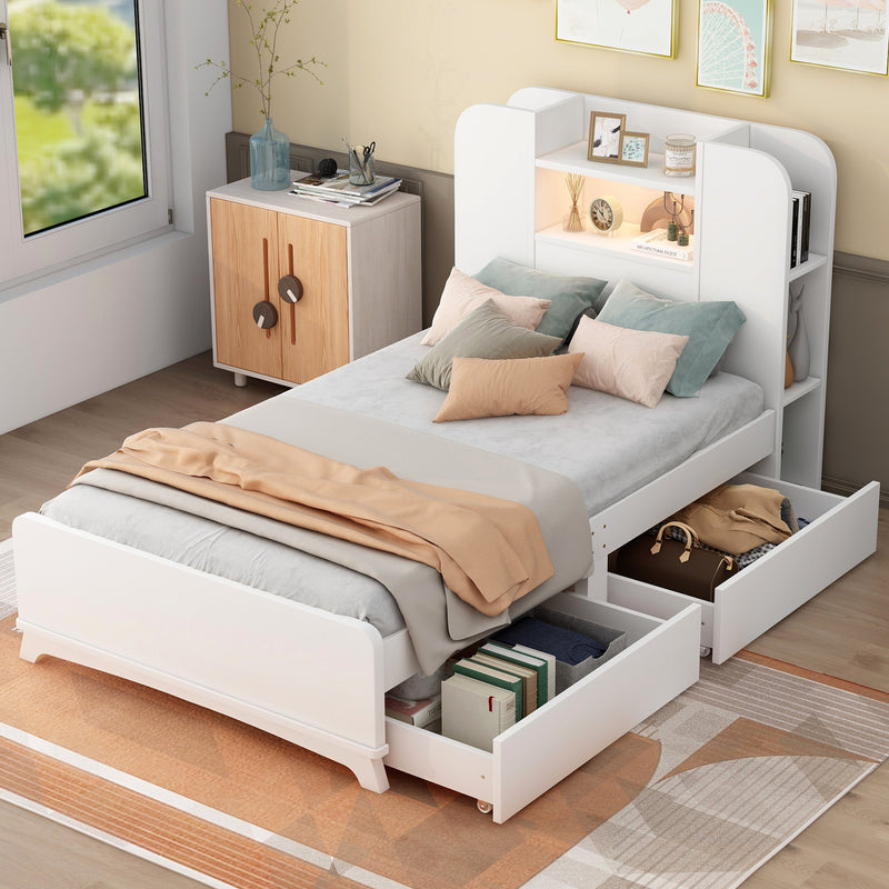 Twin Size Storage Platform Bed Frame with with Two Drawers and Light Strip Design in Headboard,White