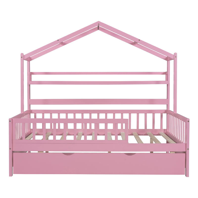 Wooden Full Size House Bed with Twin Size Trundle,Kids Bed with Shelf, Pink