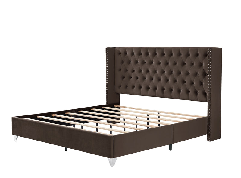 B100S King bed with two nightstands, Button designed Headboard,strong wooden slats + metal legs with Electroplate