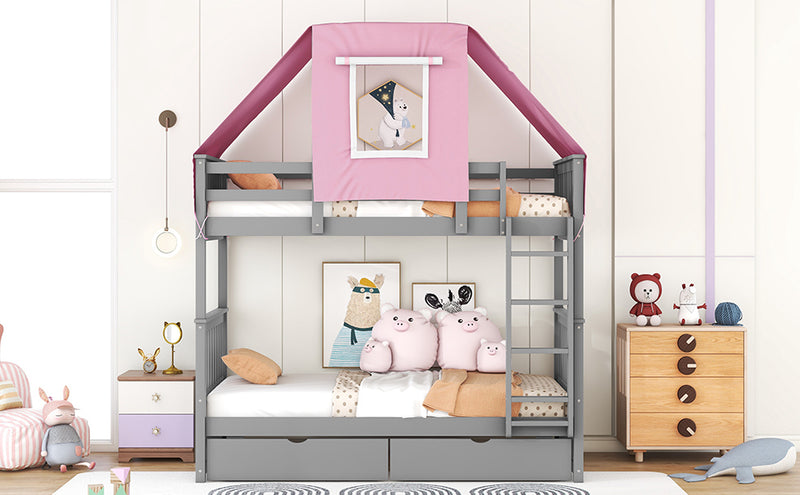 Twin Over Twin Bunk Bed Wood Bed with Tent and Drawers, Gray+Pink Tent