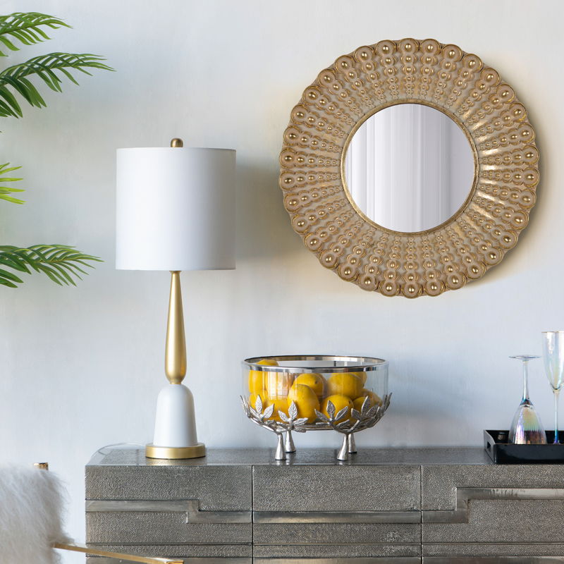 Transitional Beaded Sunburst Mirror, Round Accent Wall Mirror For Living Room, Entryway, Bathroom, Office, Foyer - Gold