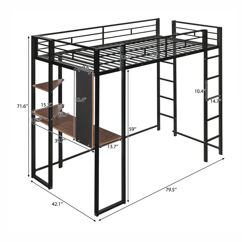 Twin Metal Loft Bed with 2 Shelves and one Desk ,BLACK(Old SKU: MF281206AAB)