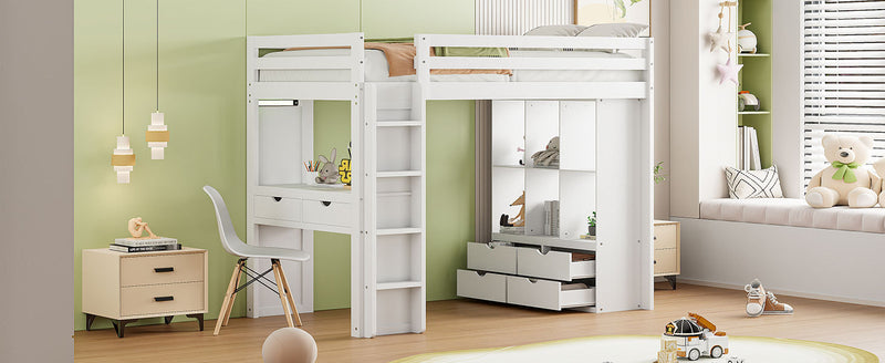 Twin Size Loft Bed with large shelves, writing desk and LED Light, White